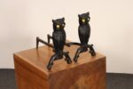 Vintage Cast Iron Owl Andirons with Yellow / Amber Blown Glass Eyes - Image 3