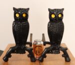 Vintage Cast Iron Owl Andirons with Yellow / Amber Blown Glass Eyes - Image 18