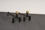 Pair of Vintage French Modernist Iron Andirons with Brass Ball Finial Decoration - Image 4