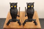 Vintage Cast Iron Owl Andirons with Yellow / Amber Blown Glass Eyes - Image 5