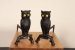 Vintage Cast Iron Owl Andirons with Yellow / Amber Blown Glass Eyes - Image 4