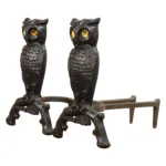 Vintage Cast Iron Owl Andirons with Yellow / Amber Blown Glass Eyes