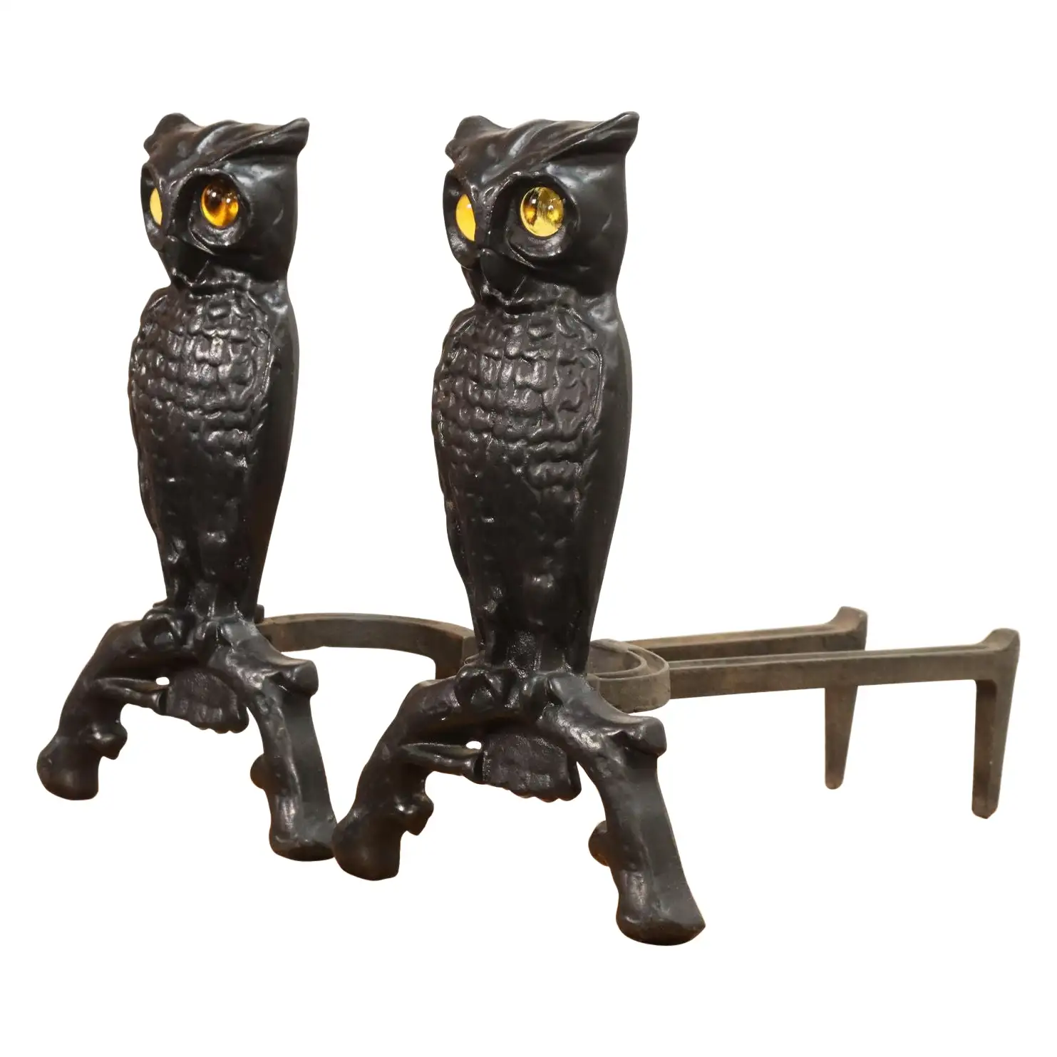 1 Vintage Cast Iron Owl Andirons with Yellow / Amber Blown Glass Eyes - Image 1