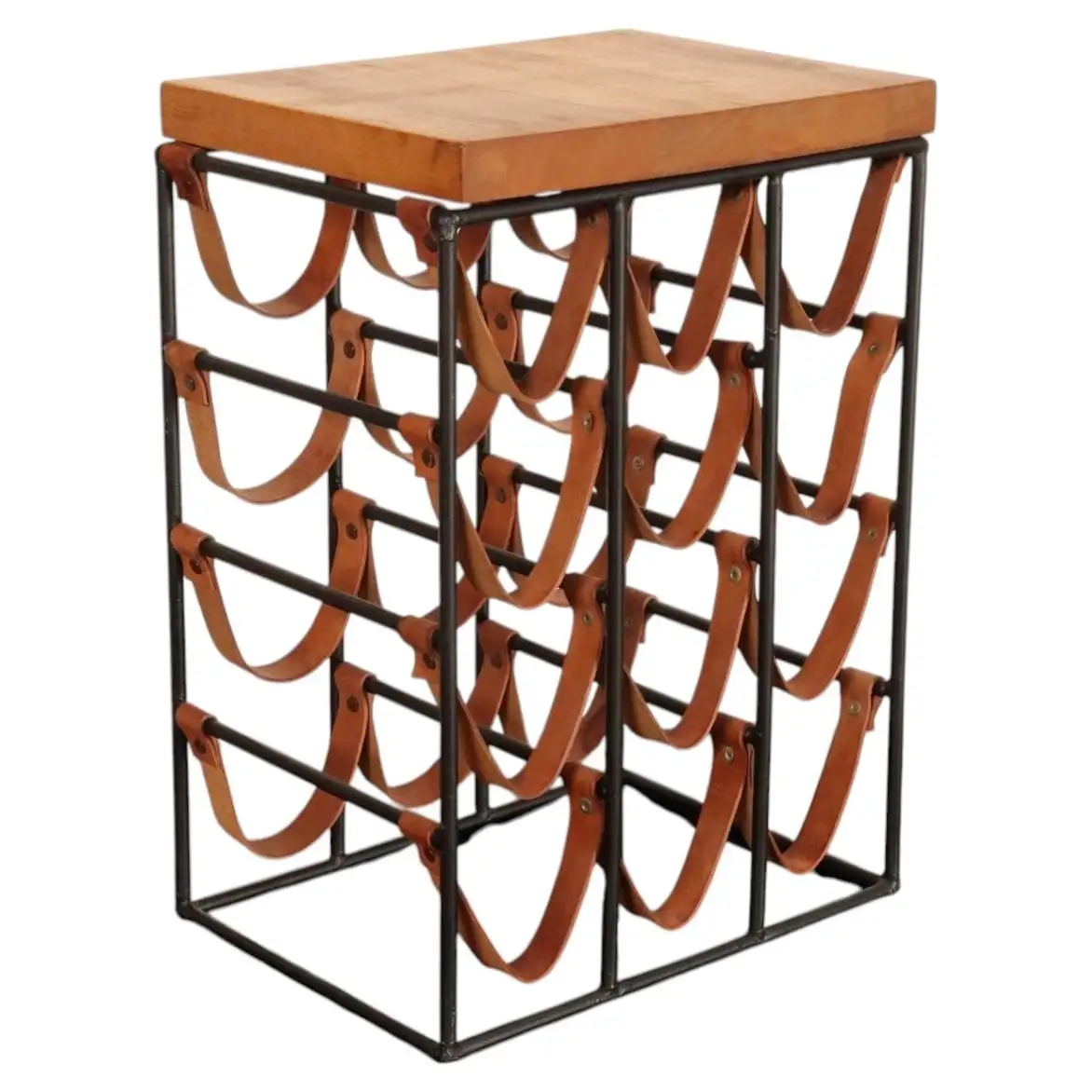1 Arthur Umanoff Leather and Iron 12 Bottle Wine Rack with Butcher Block Top - Image 1