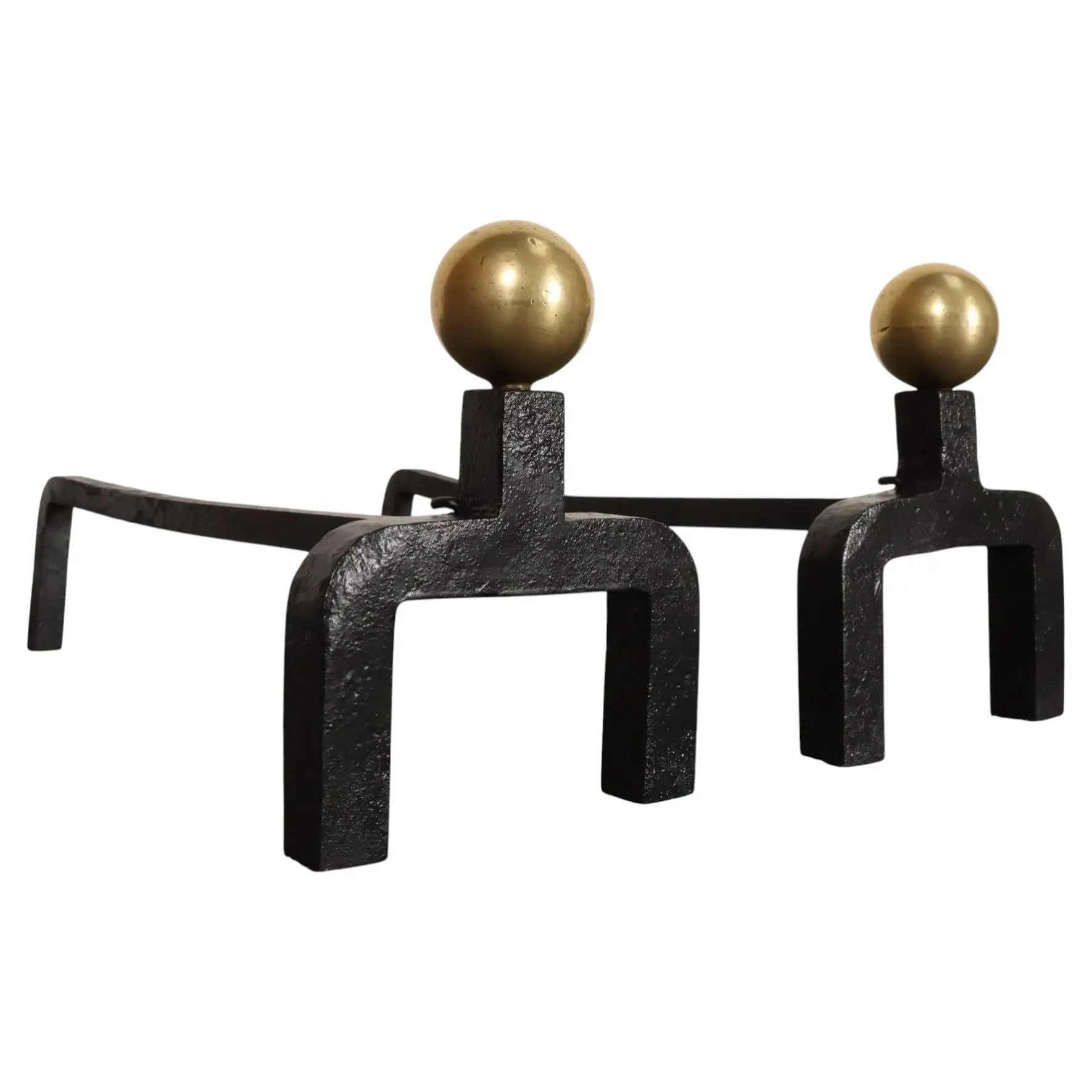 1 Pair of Vintage French Modernist Iron Andirons with Brass Ball Finial Decoration - Image 1