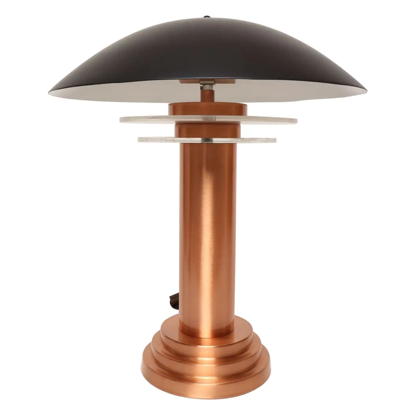 1 Art Deco Copper / Aluminum Column Dual Socket Table Lamp with Black Dome Shade - Image 1