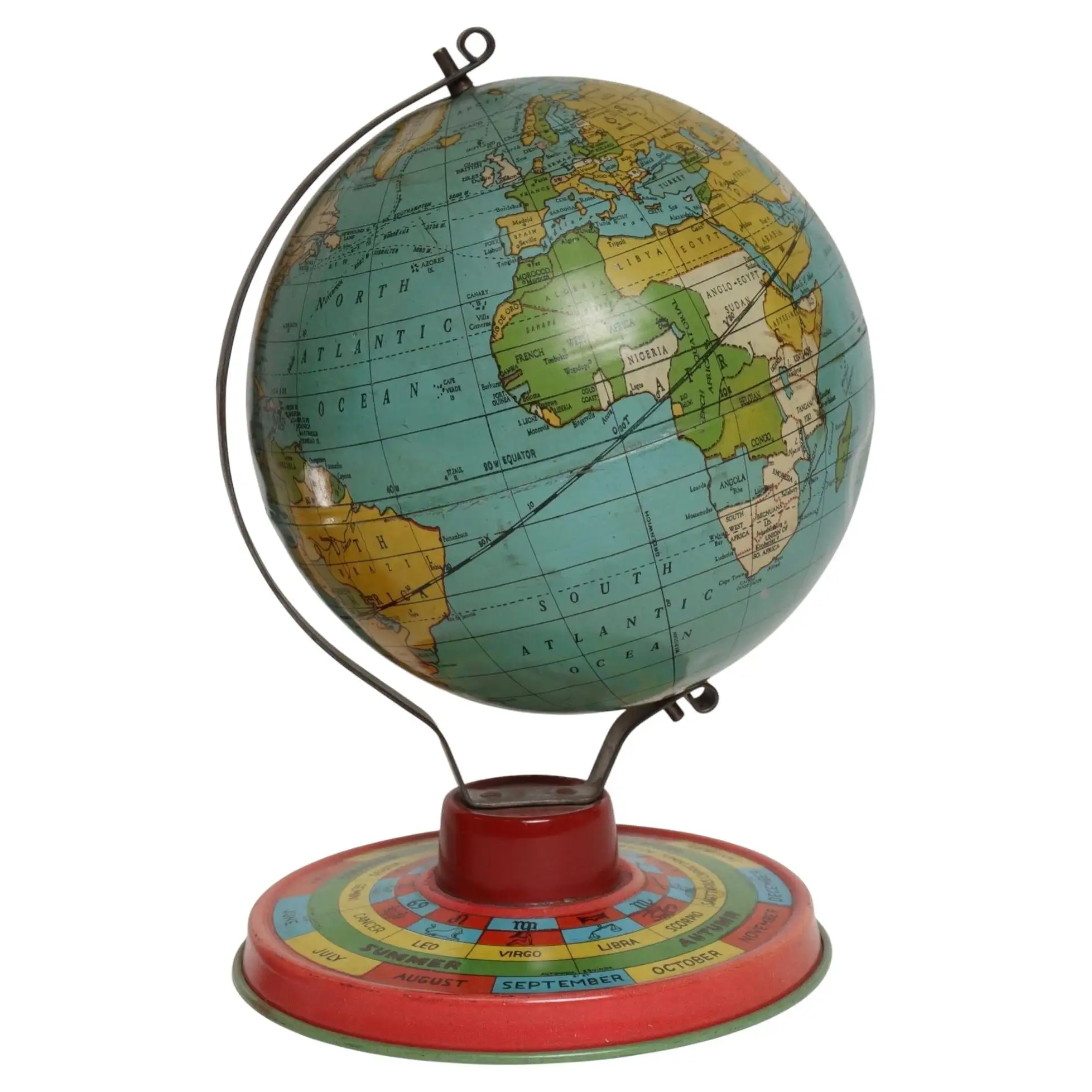 1 Petite Art Deco Antique Lithograph Terrestrial Globe with Zodiac Calendar Base - Image 1