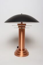 Art Deco Copper / Aluminum Column Dual Socket Table Lamp with Black Dome Shade - Image 3