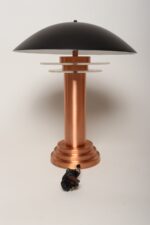 Art Deco Copper / Aluminum Column Dual Socket Table Lamp with Black Dome Shade - Image 4